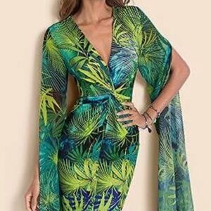 VENUS Exaggerated Sleeve Dress Green Palm Leaves Tropical Sz L NEW